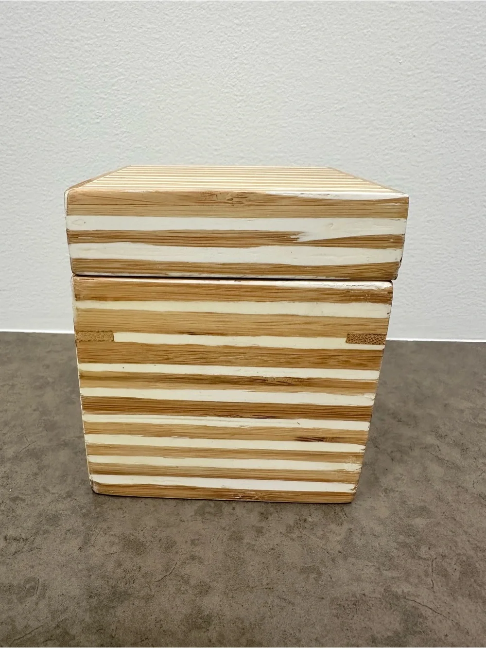 Vintage West Elm Striped Bamboo Wood Square Trinket Box Natural White 4 x 4 4.5”